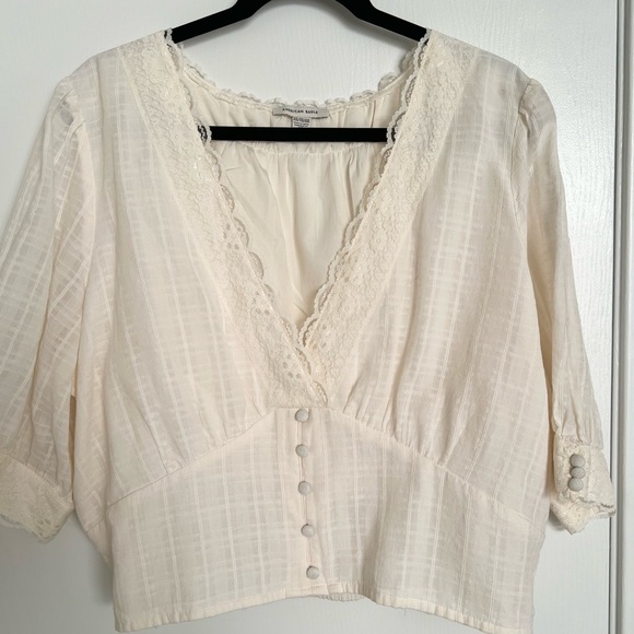 American Eagle Outfitters Lace Trim Puff Sleeve Cream Top in XXL - Picture 4 of 12